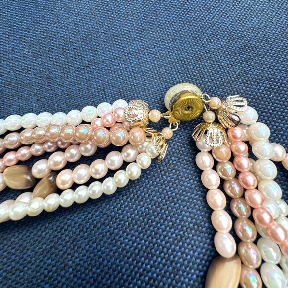 Multi-Strand Faux Pearl & Tiger Eye Bead Vintage Necklace Made in Japan - Picture 7 of 9